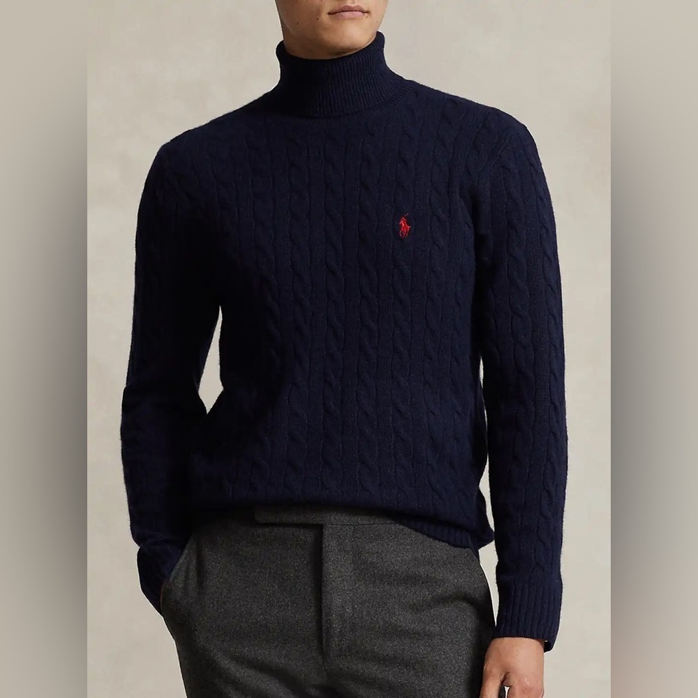 Polo Ralph Lauren Cable Knit Roll Neck Sweater XL Navy Blue [READ] - Picture 2 of 15